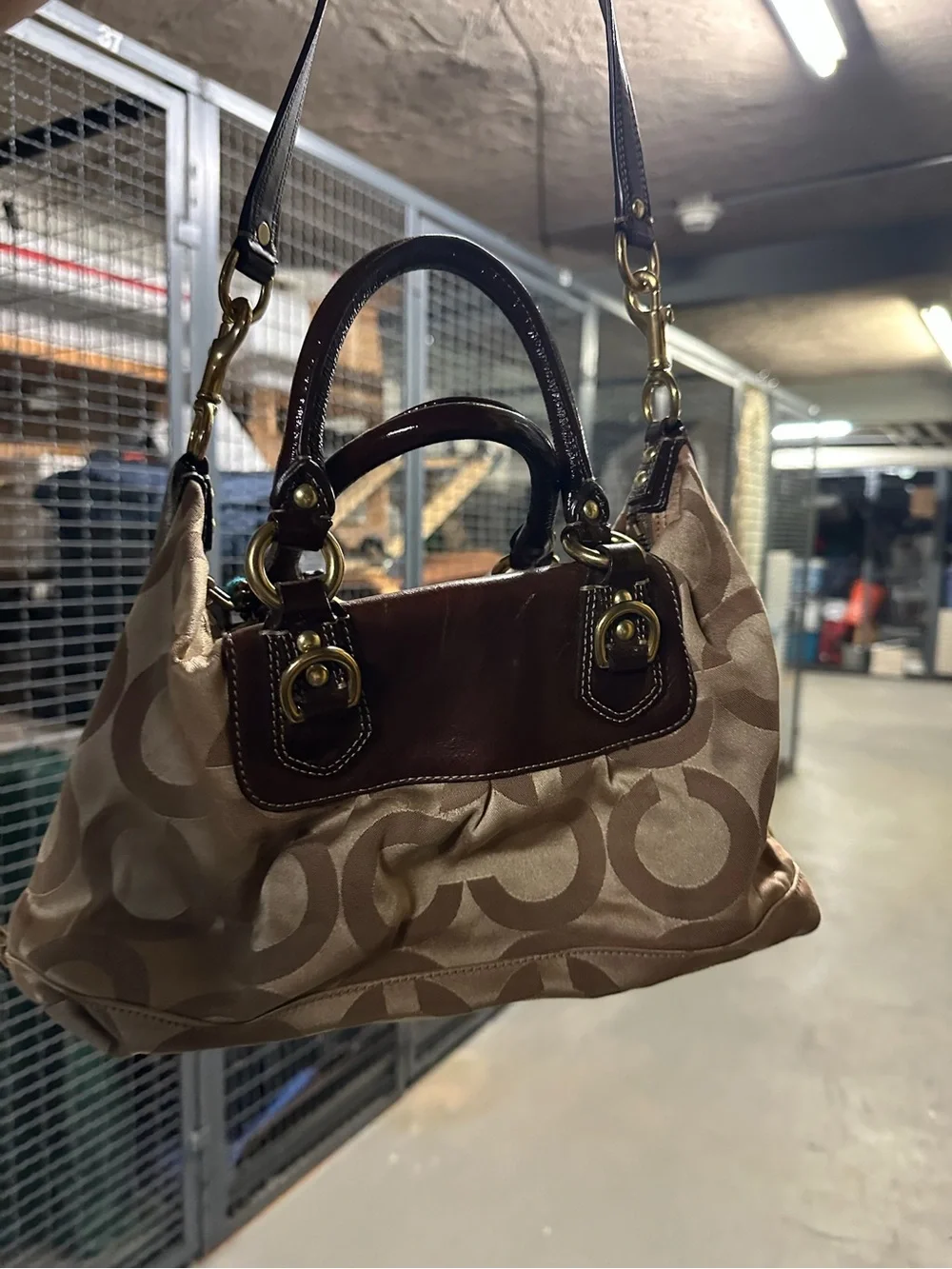 Coach Tan Signature Canvas Satchel with Brown Leather Trim